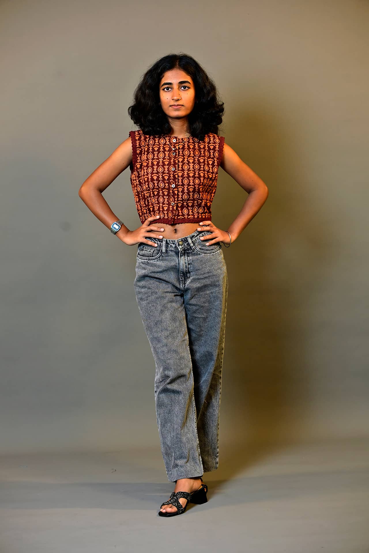 Geometric Brown Lace-Trim Top