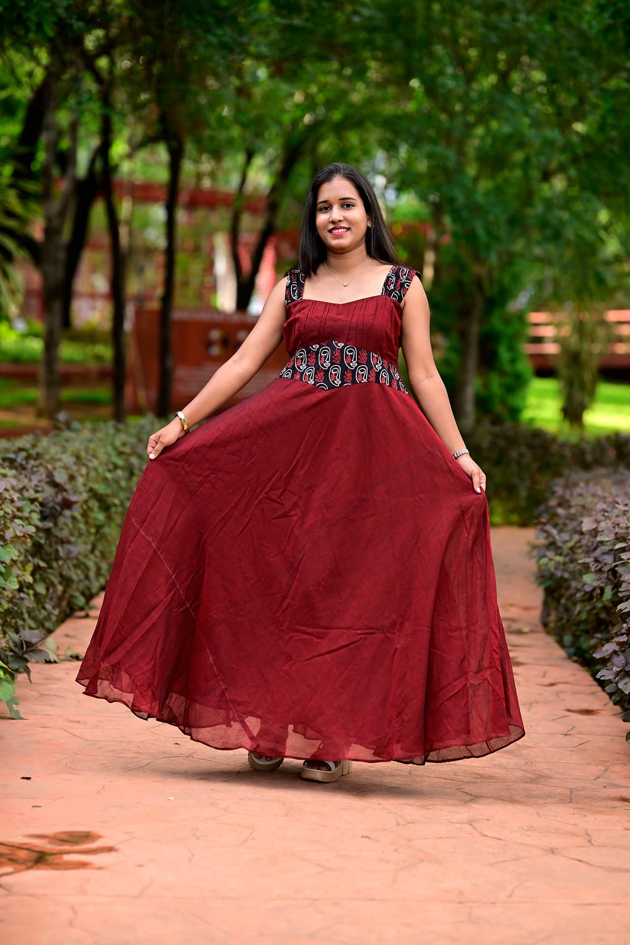 Abstract Faces Yoke Maxi Dress
