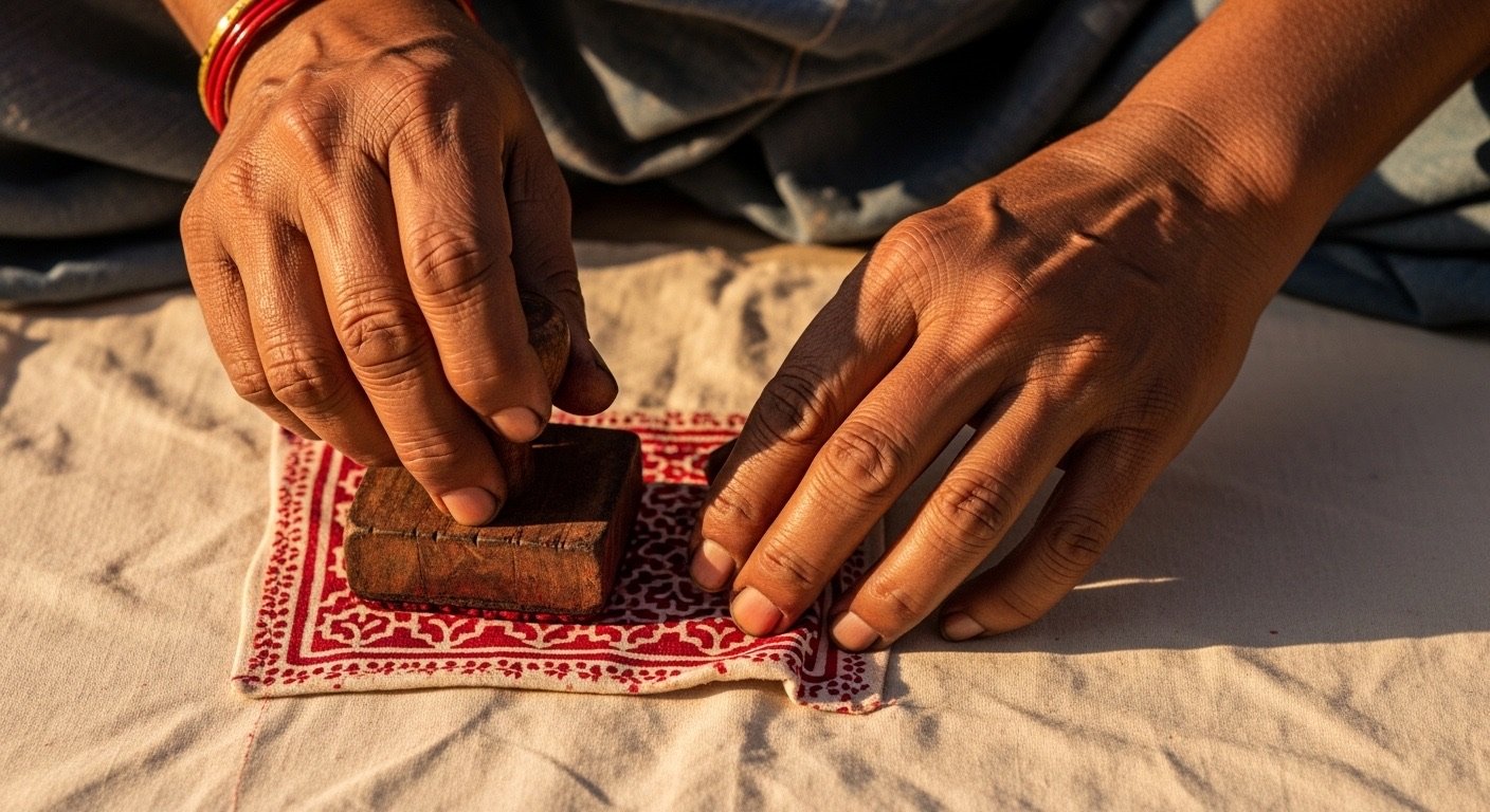 Artisan hands block printing with natural dyes