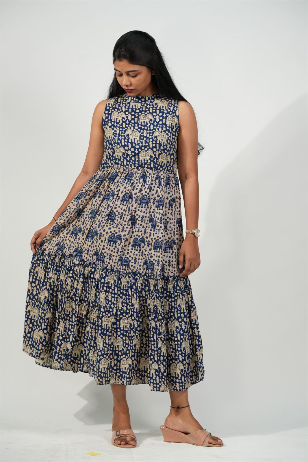 Halter Neck Tiered Dress (Cream-Elephant)