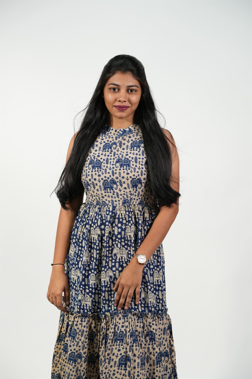 Halter Neck Tiered Dress (Blue-Elephant)