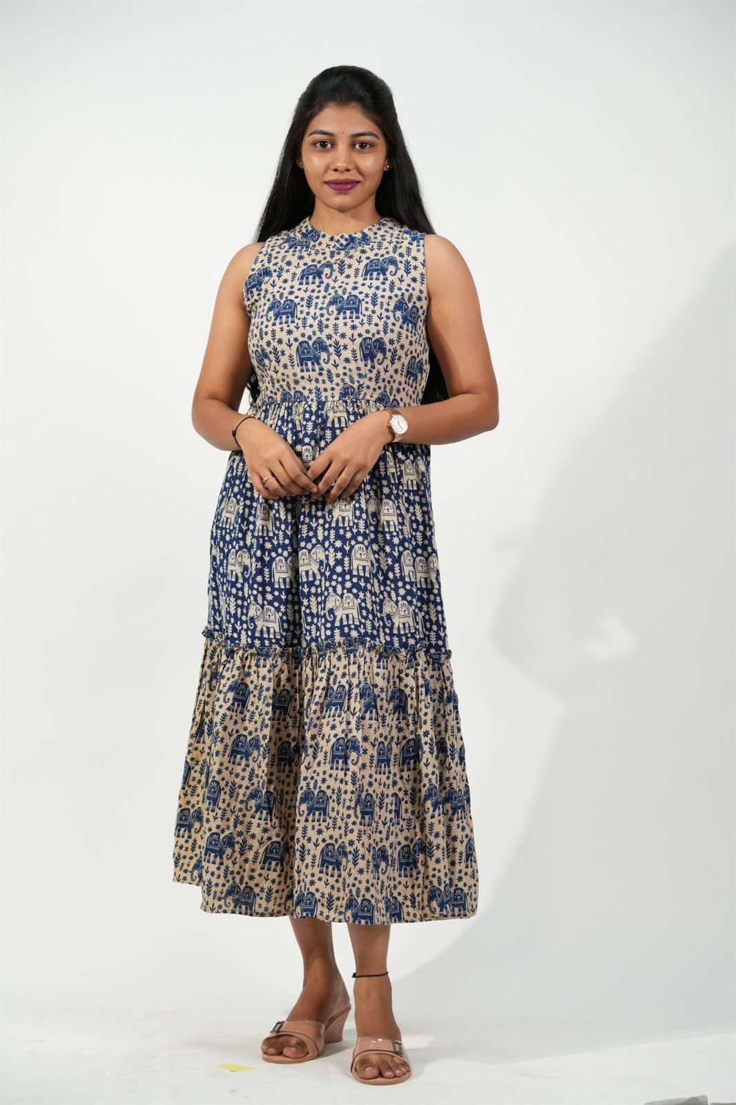 Halter Neck Tiered Dress (Blue-Elephant)