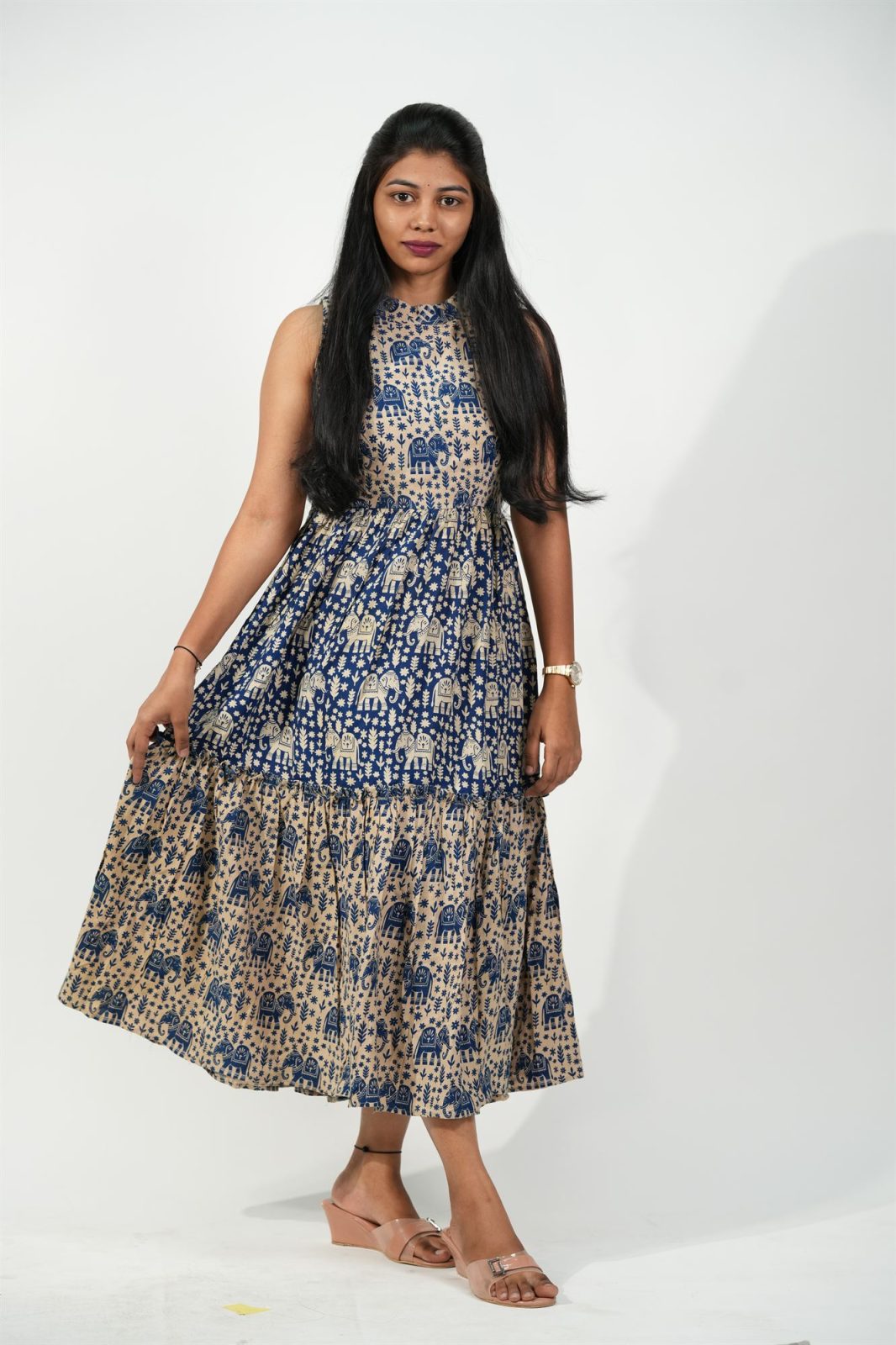 Halter Neck Tiered Dress (Blue-Elephant)