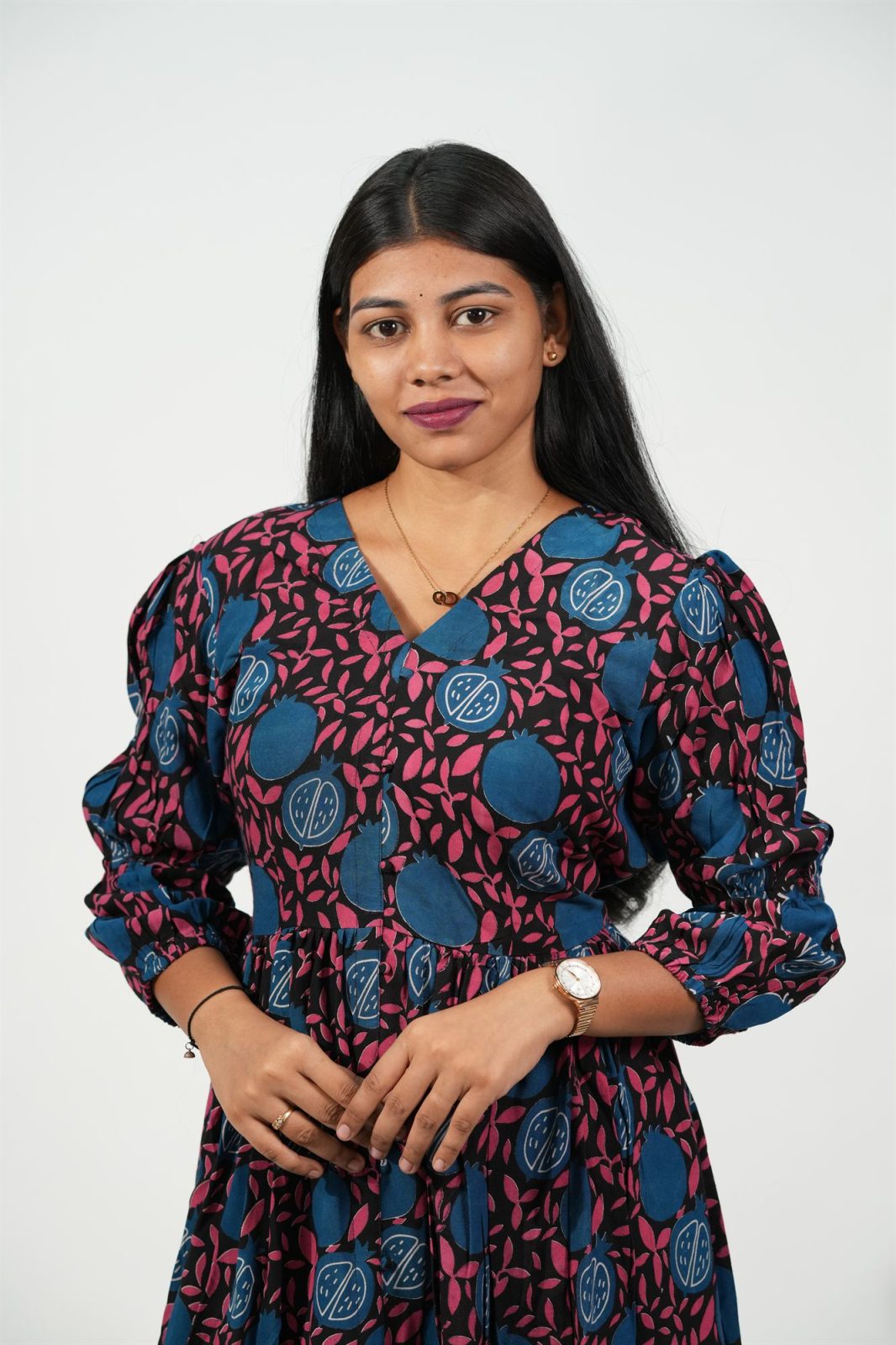 V-Neck Front-Slit Aline Dress (Teal Blue Pomegranate)