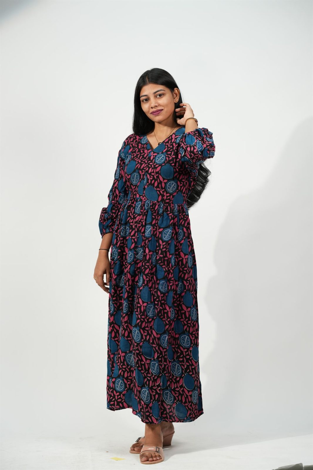 V-Neck Front-Slit Aline Dress (Teal Blue Pomegranate)