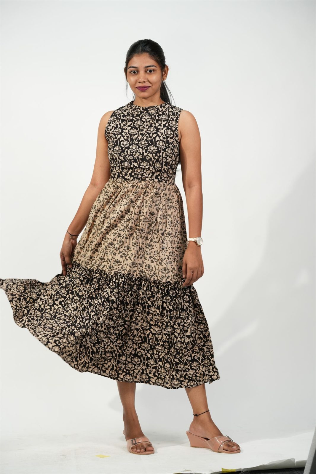 Halter Neck Tiered Dress (Black flowers Floral)