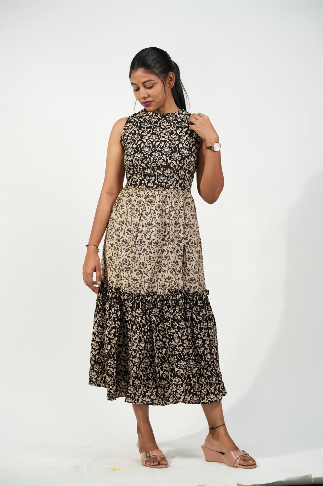 Halter Neck Tiered Dress (Black flowers Floral)