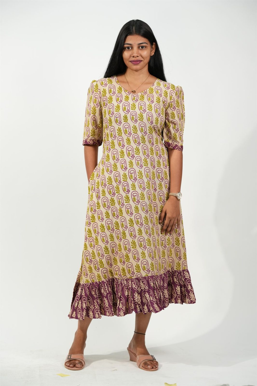 Hem-Tiered Aline Dress (Cream - Green Leaf)