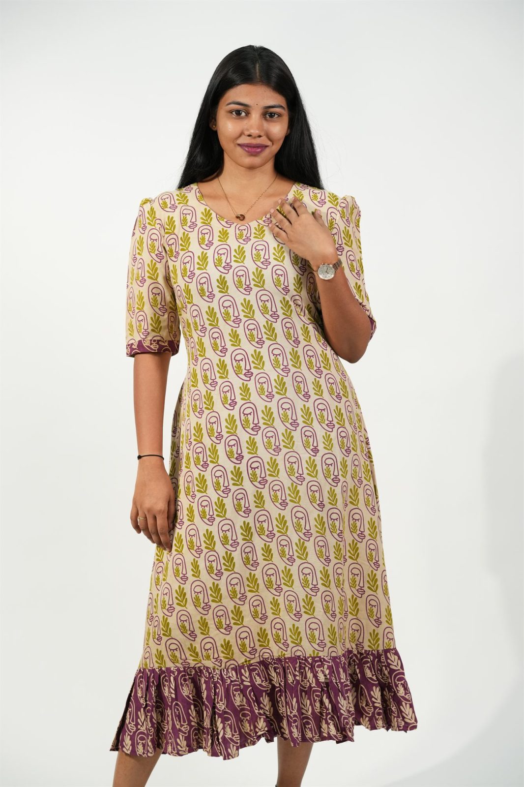 Hem-Tiered Aline Dress (Cream - Green Leaf)