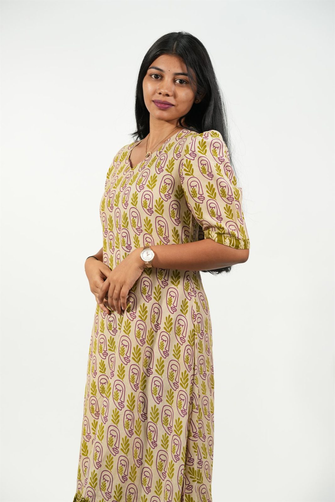Hem-Tiered Aline Dress (Cream - Green Leaf)
