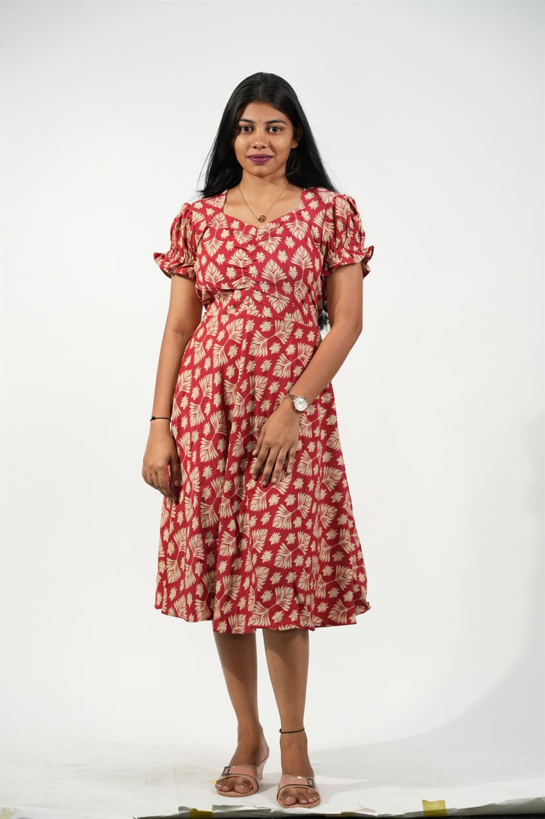 Aline Ruched Puff-Sleeve Dress (Red-Cream Floral)