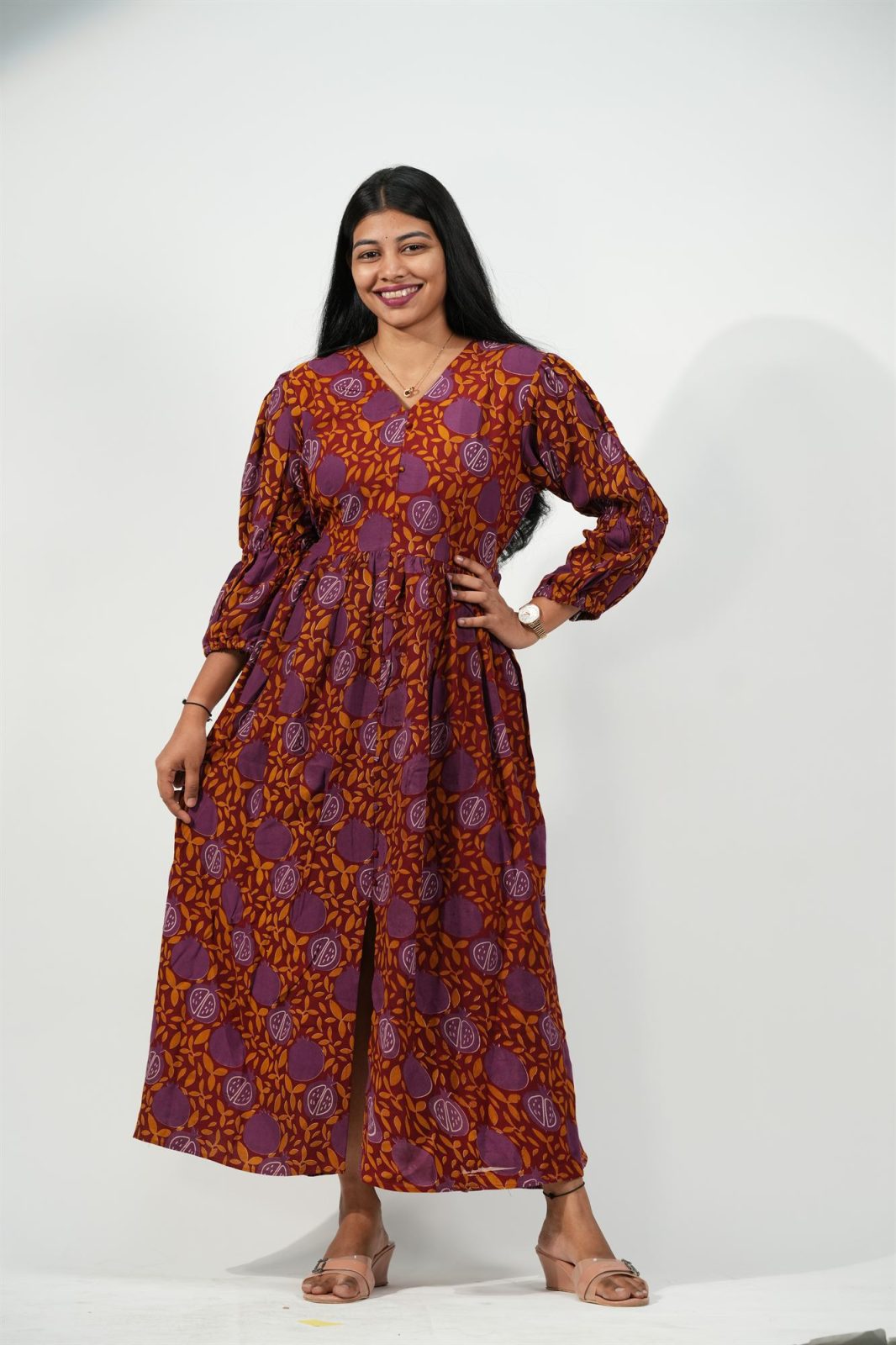 V-Neck Front-Slit Aline Dress (Rich Maroon Pomegranate)