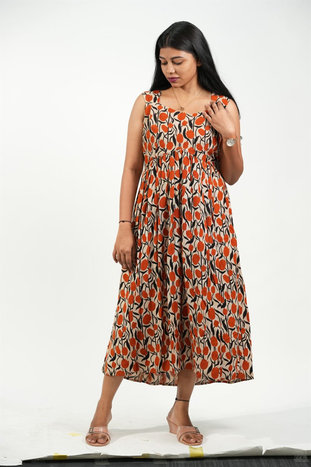 Caphands Alia-Cut Dress (Cream - Orange Floral)
