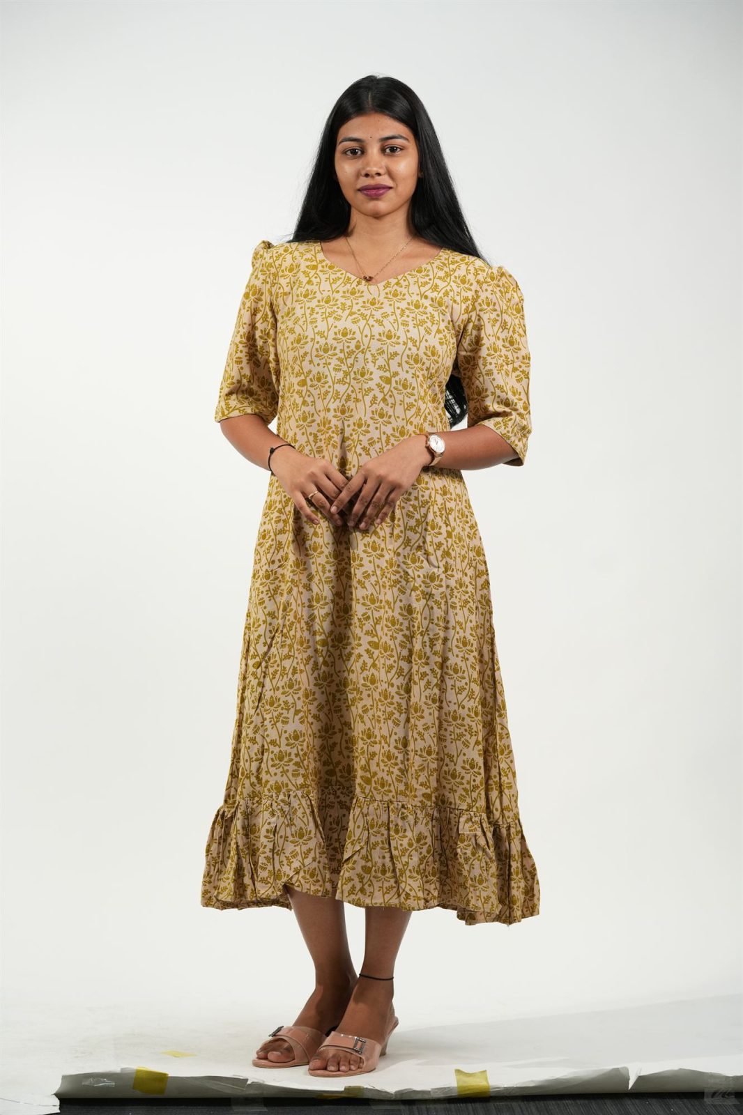 Hem-Tiered Aline Dress (Cream - Golden Lotus)
