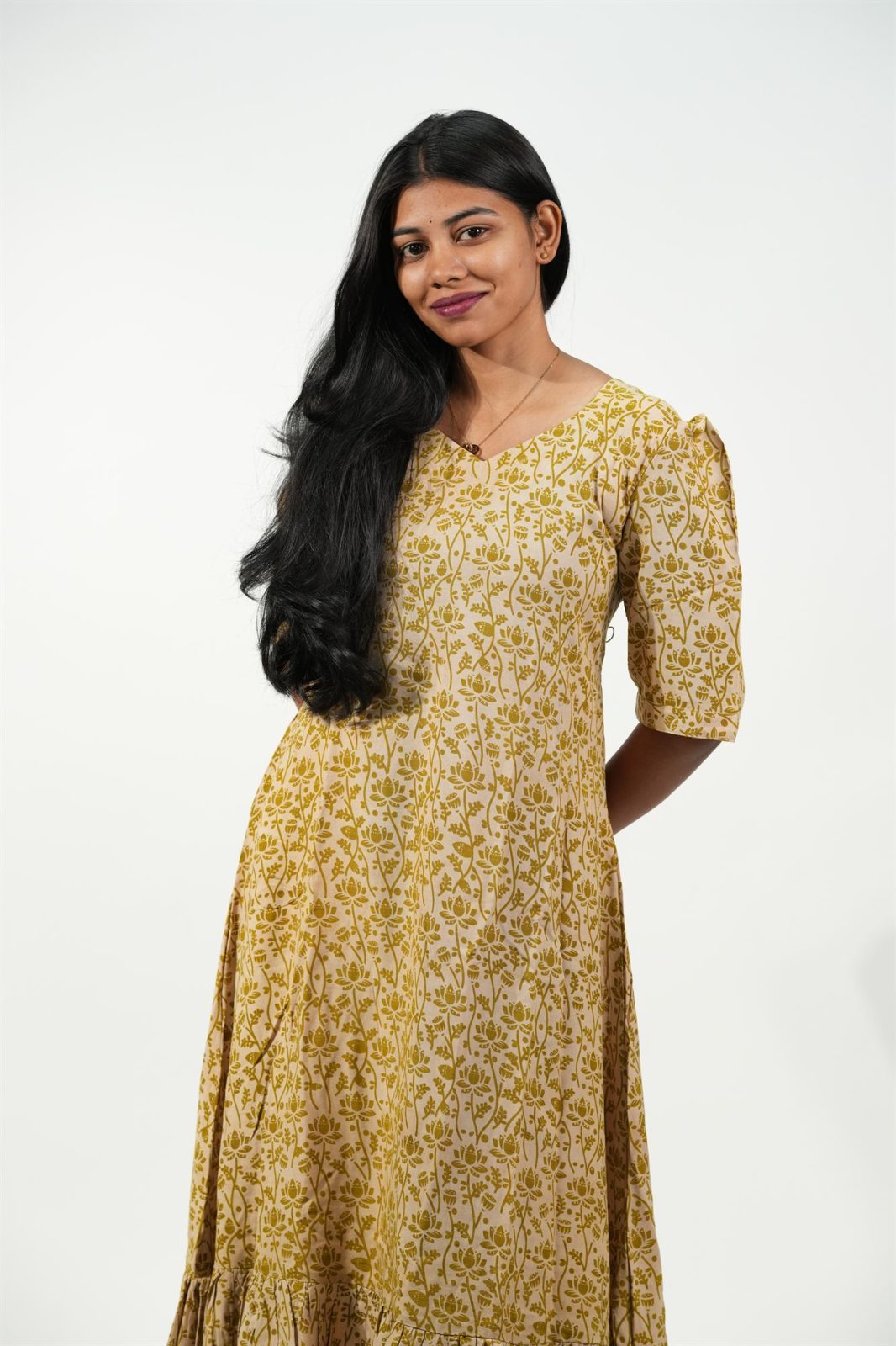 Hem-Tiered Aline Dress (Cream - Golden Lotus)