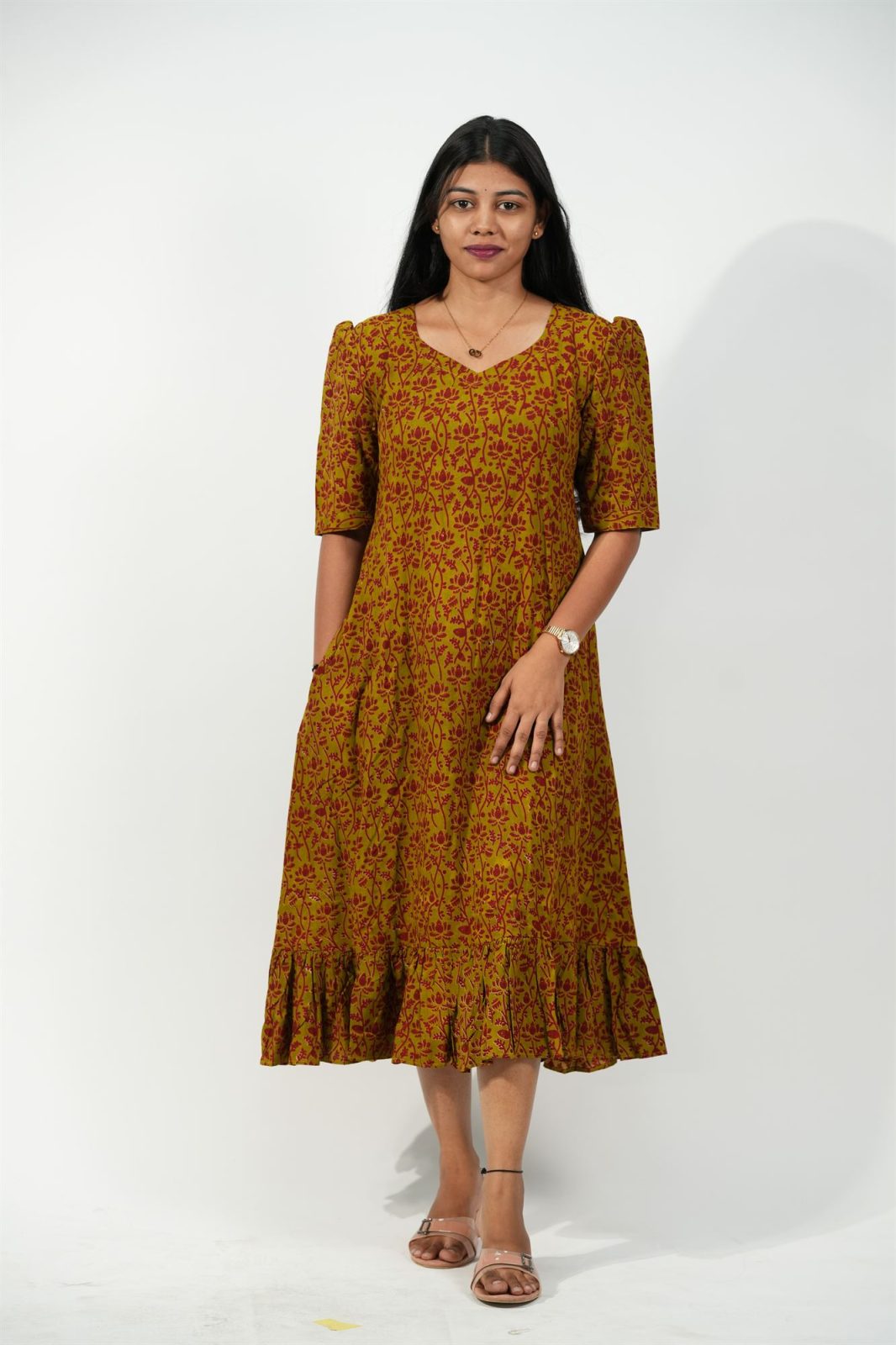 Hem-Tiered Aline Dress (Olive - Red Lotus)