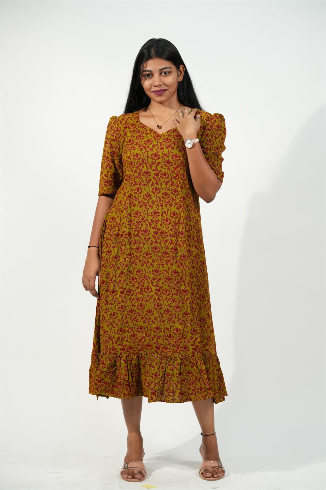 Hem-Tiered Aline Dress (Olive - Red Lotus)