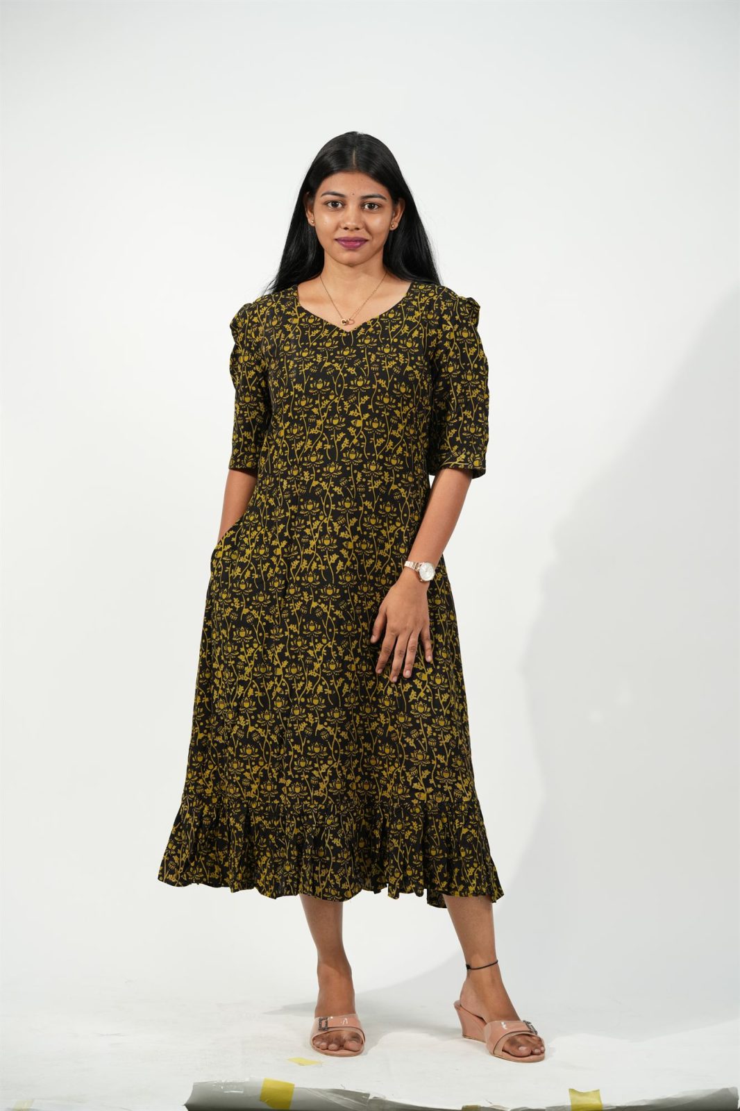 Hem-Tiered Aline Dress (Black - Golden Floral)