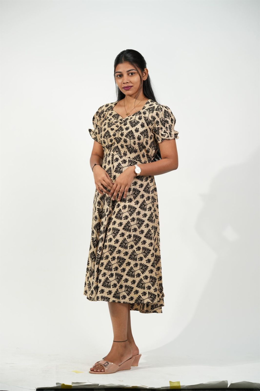 Aline Ruched Puff-Sleeve Dress (Cream-Black Floral)