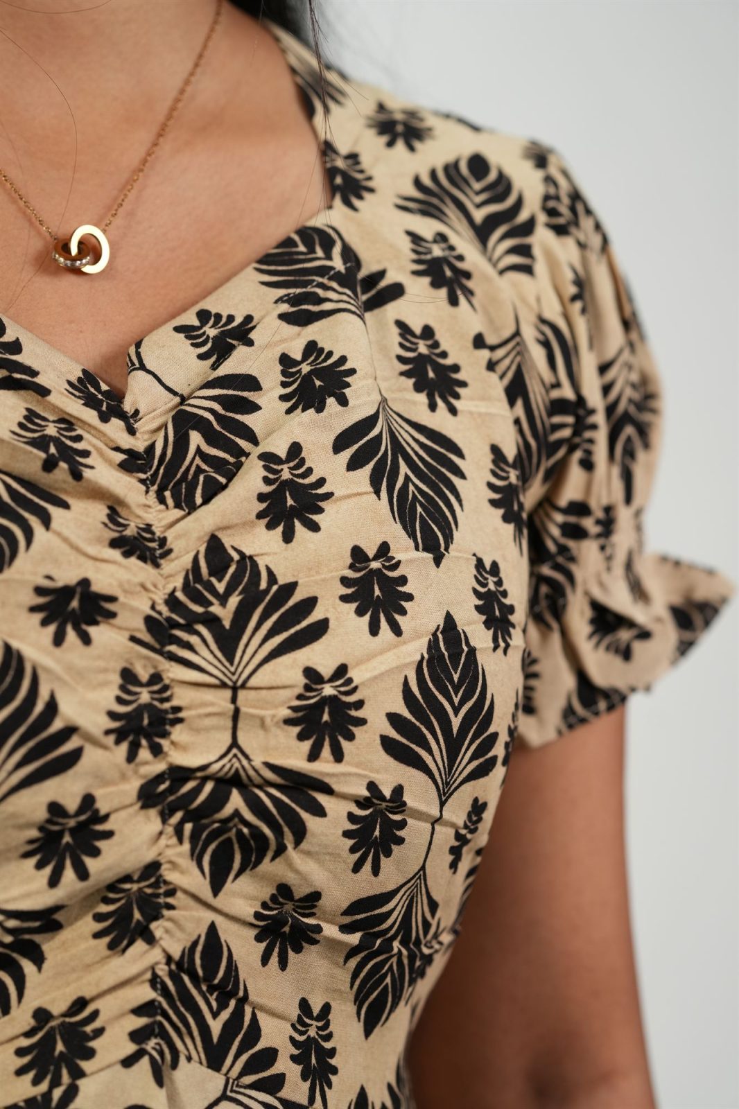 Aline Ruched Puff-Sleeve Dress (Cream-Black Floral)