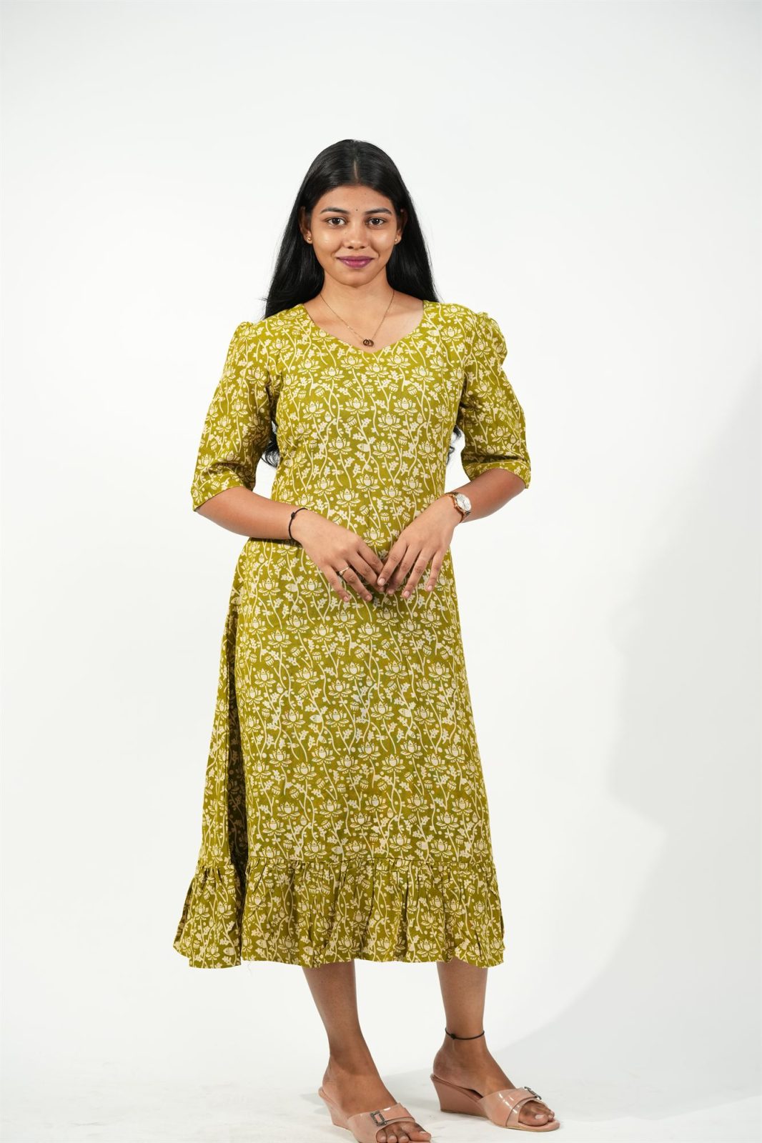 Hem-Tiered Aline Dress (Green-Cream Floral)