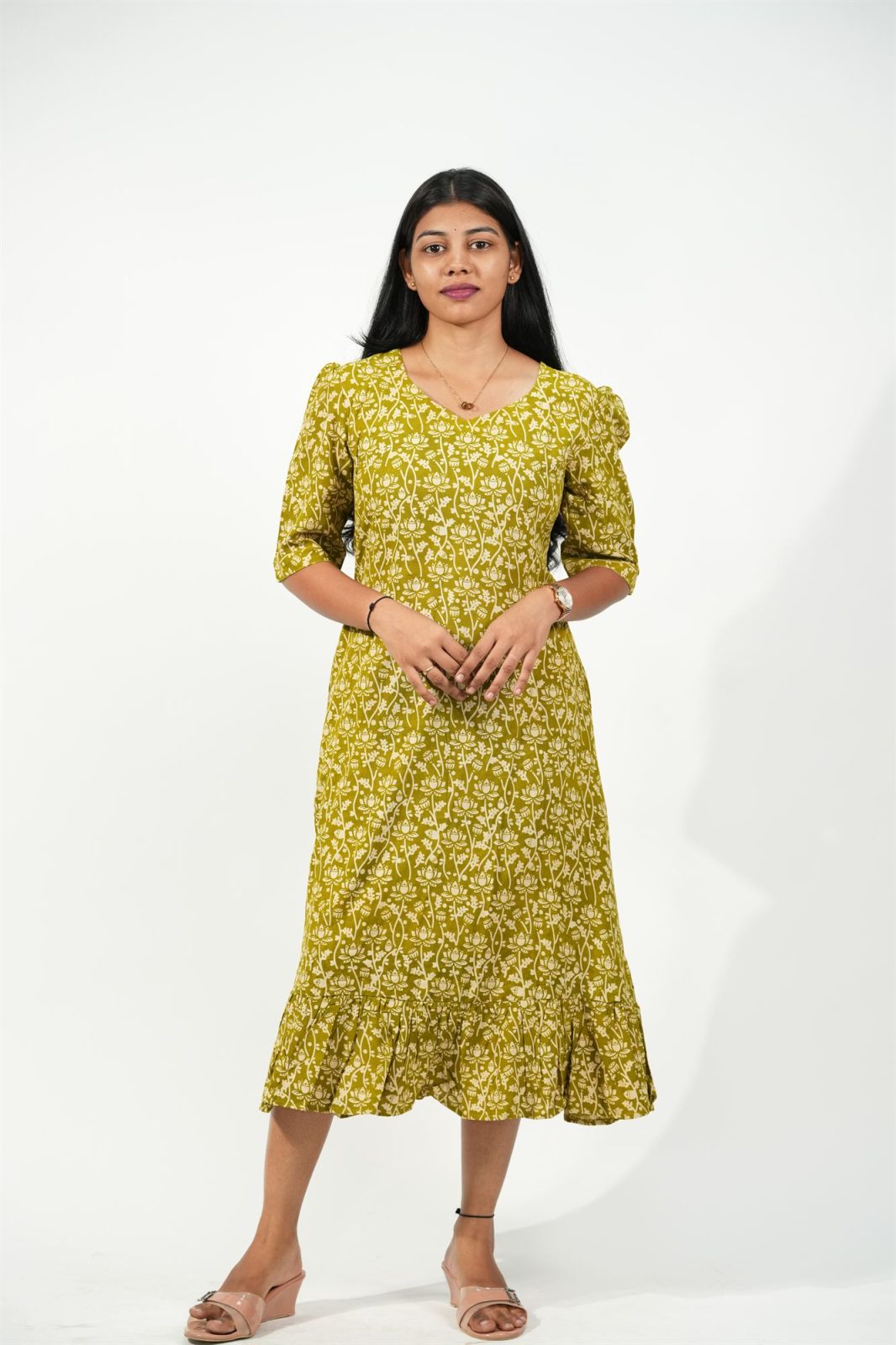 Hem-Tiered Aline Dress (Green-Cream Floral)