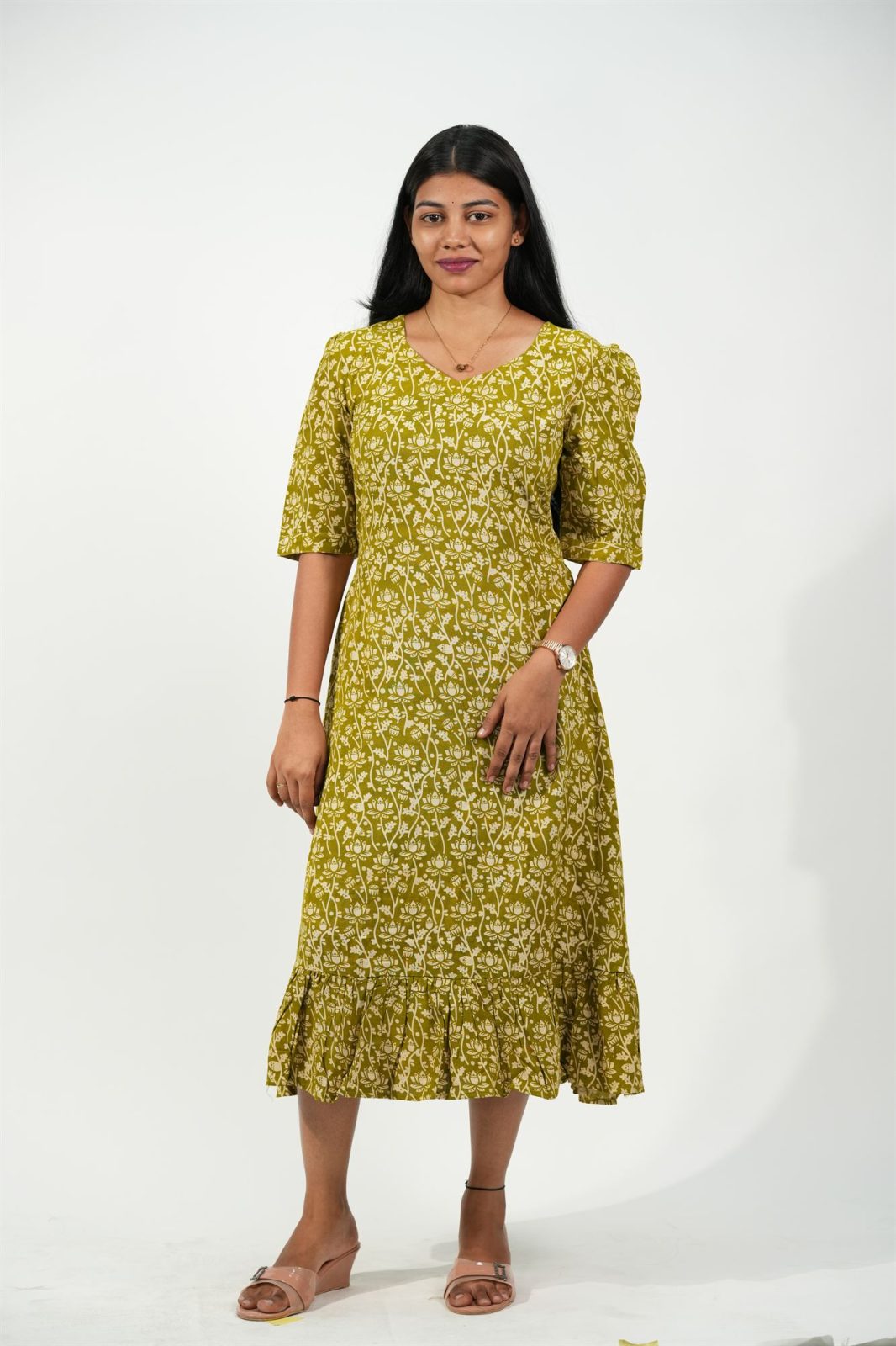 Hem-Tiered Aline Dress (Green-Cream Floral)