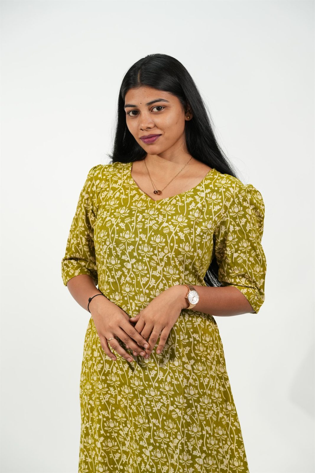 Hem-Tiered Aline Dress (Green-Cream Floral)