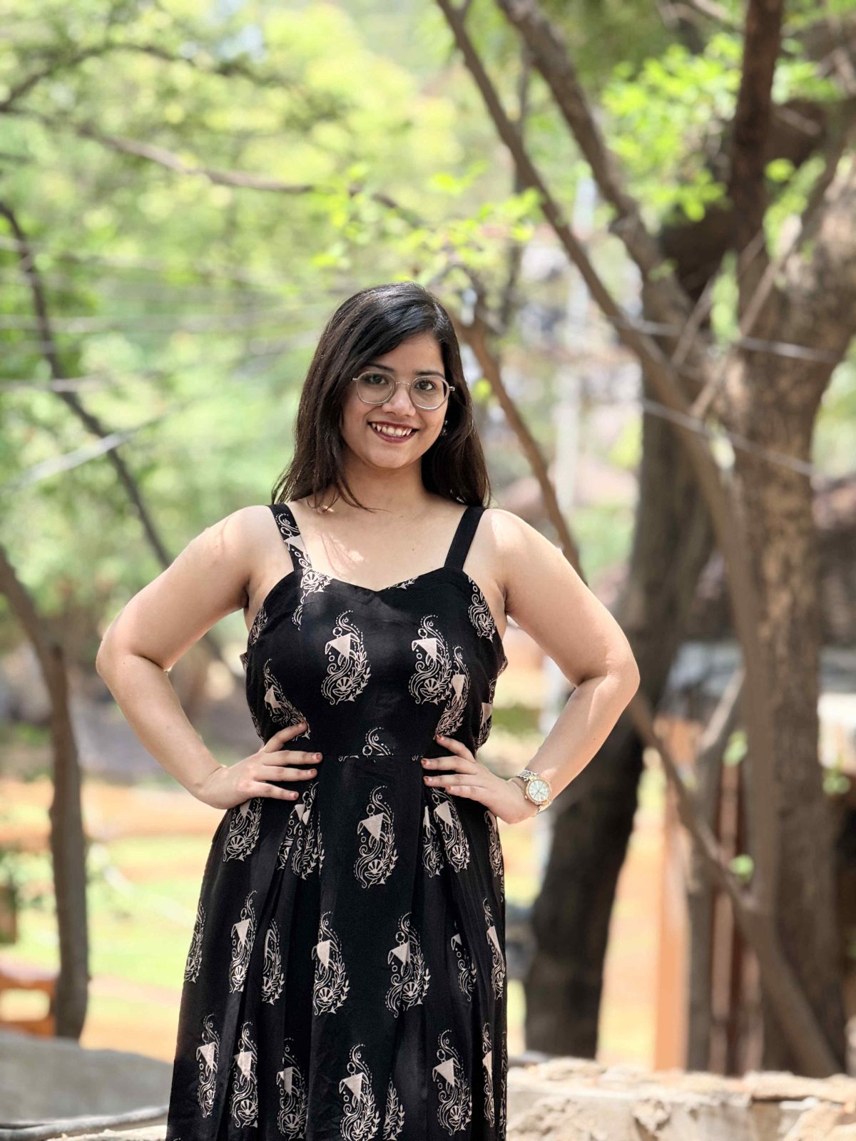 A-Line Motif Printed Maxi Dress (Black)
