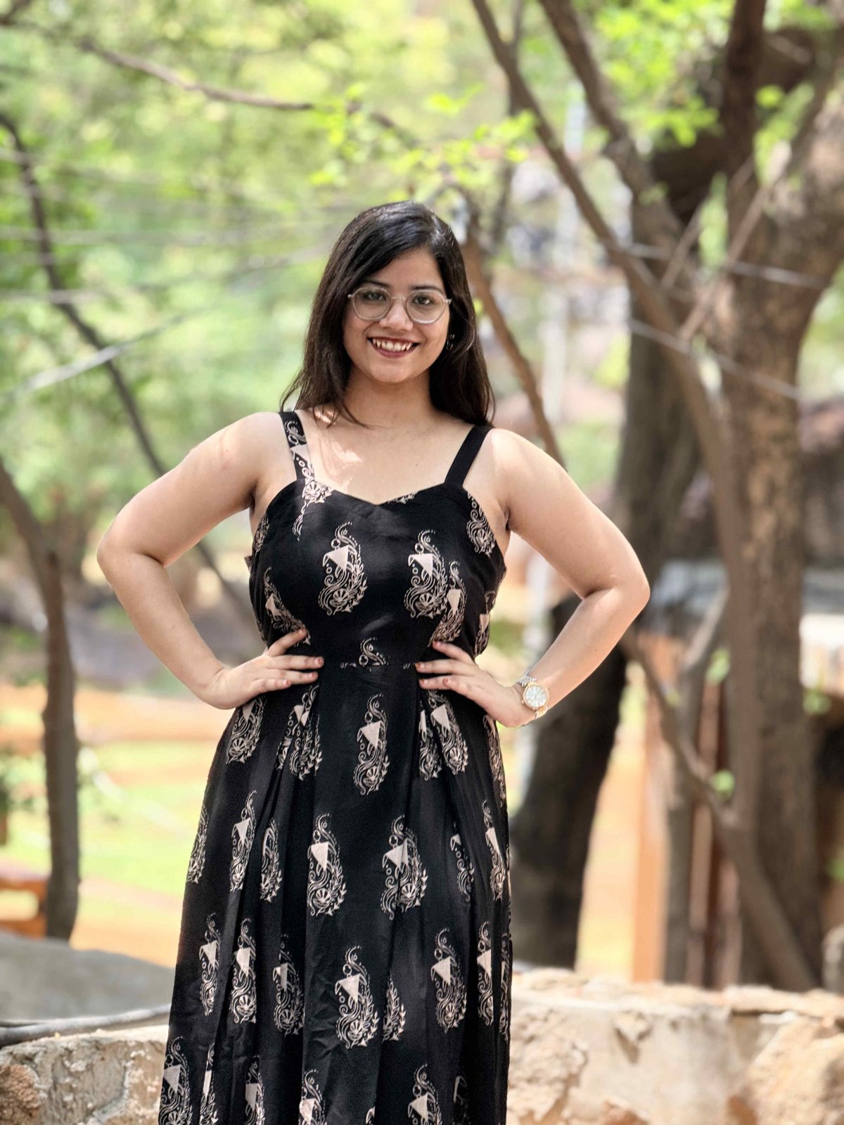 A-Line Motif Printed Maxi Dress (Black)