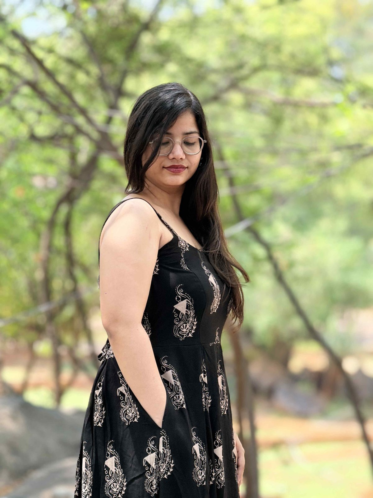 A-Line Motif Printed Maxi Dress (Black)