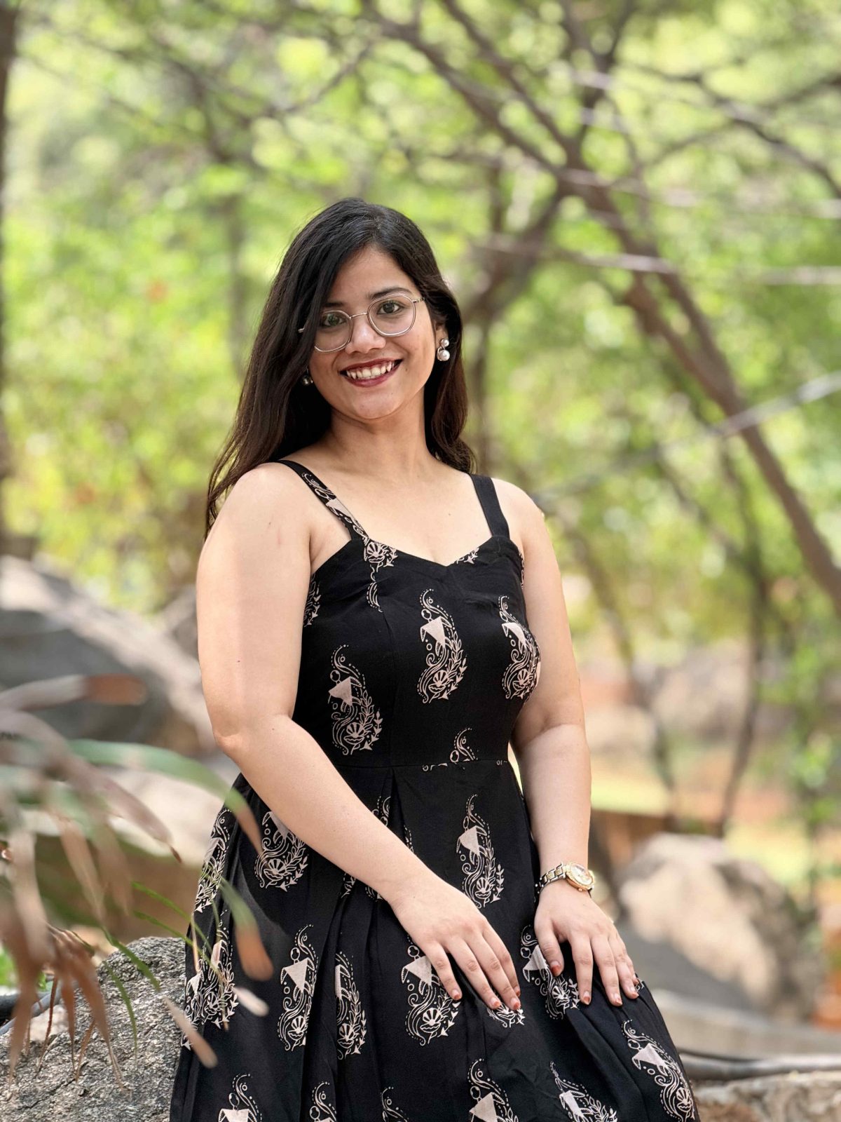 A-Line Motif Printed Maxi Dress (Black)