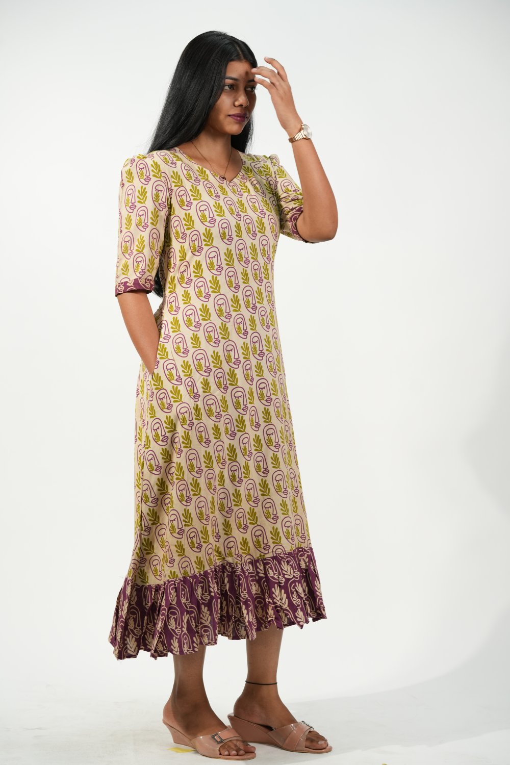Hem-Tiered Aline Dress (Cream - Green Leaf)