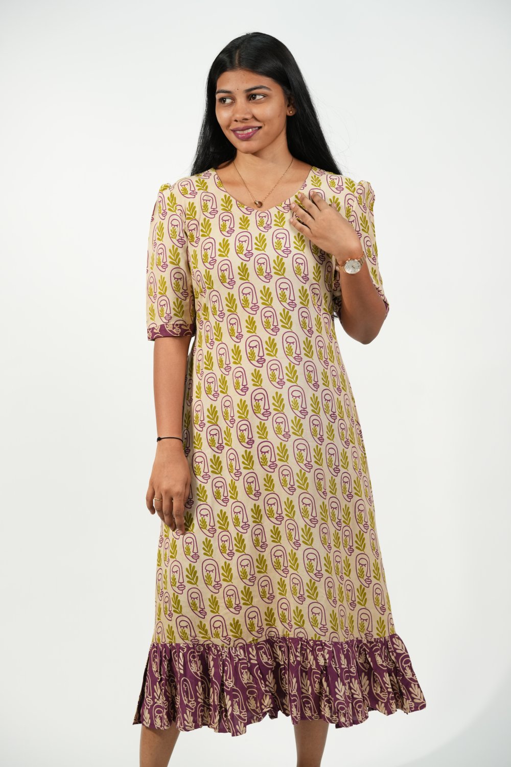 Hem-Tiered Aline Dress (Cream - Green Leaf)