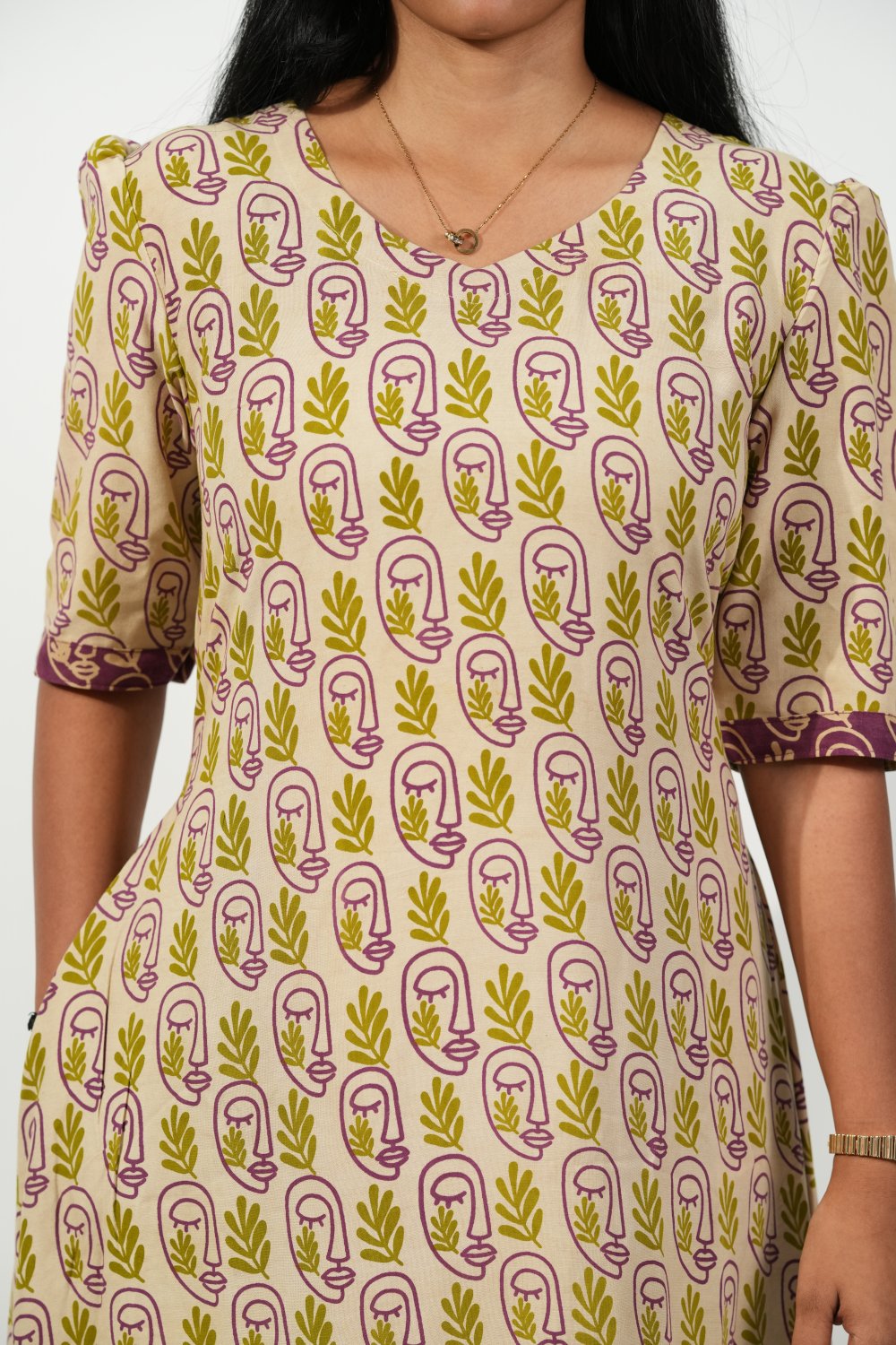 Hem-Tiered Aline Dress (Cream - Green Leaf)