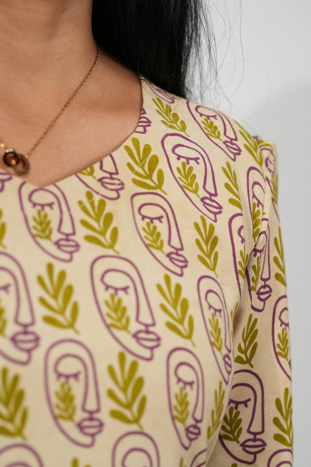 Hem-Tiered Aline Dress (Cream - Green Leaf)