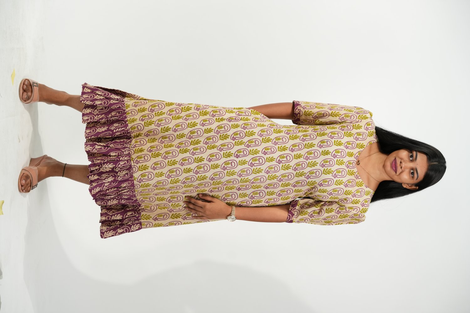 Hem-Tiered Aline Dress (Cream - Green Leaf)