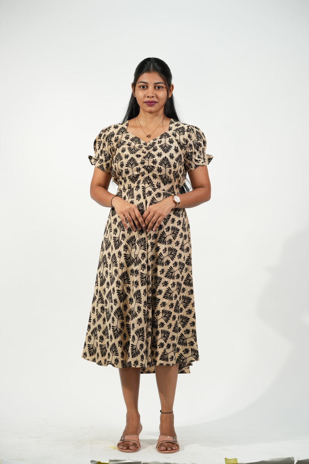 Aline Ruched Puff-Sleeve Dress (Cream-Black Floral)