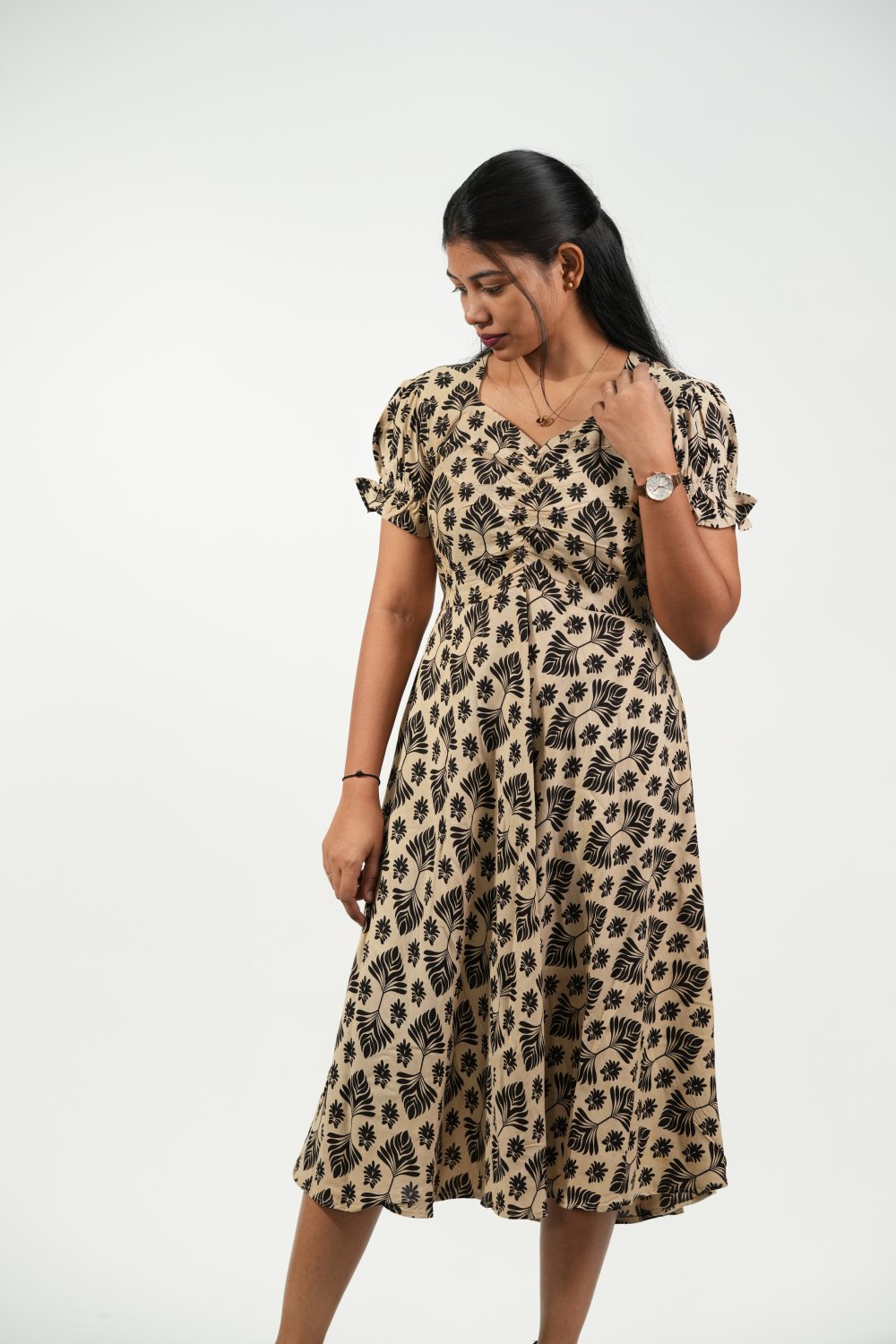 Aline Ruched Puff-Sleeve Dress (Cream-Black Floral)