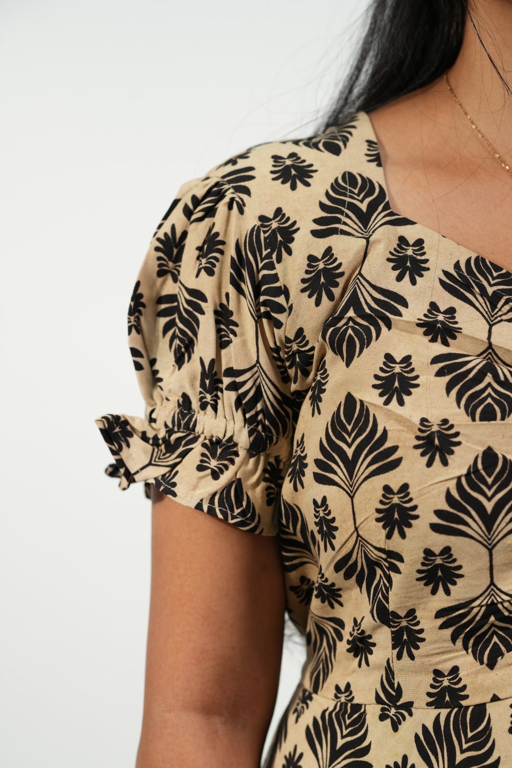 Aline Ruched Puff-Sleeve Dress (Cream-Black Floral)