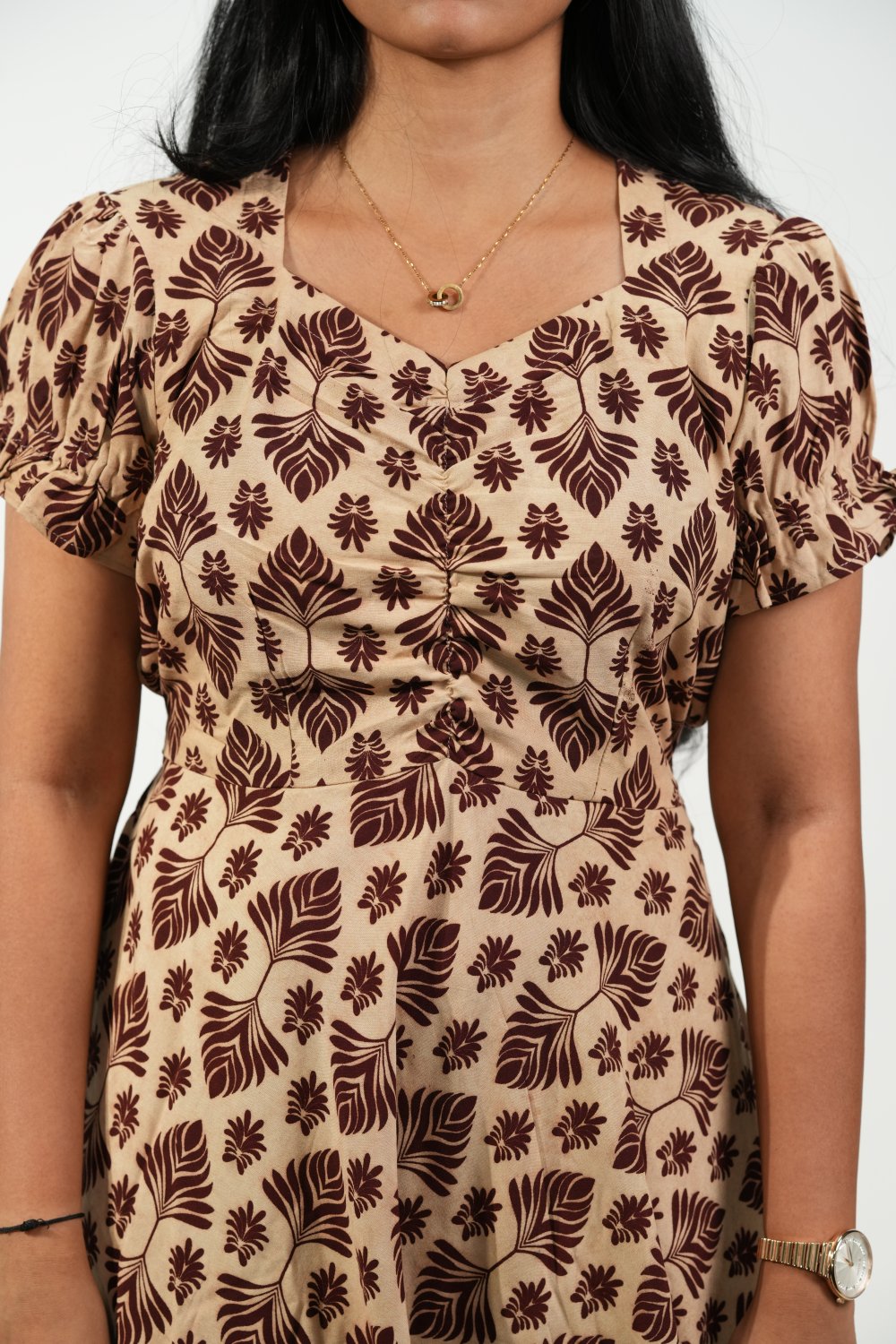Aline Ruched Puff-Sleeve Dress (Cream-Brown Floral)