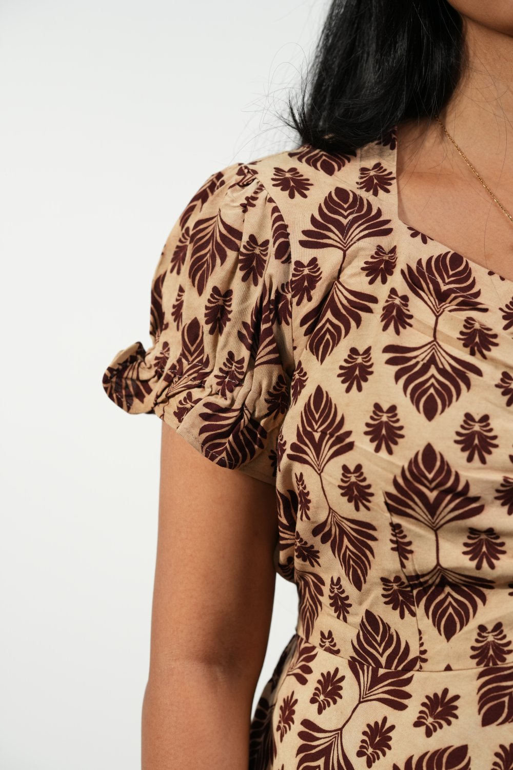 Aline Ruched Puff-Sleeve Dress (Cream-Brown Floral)