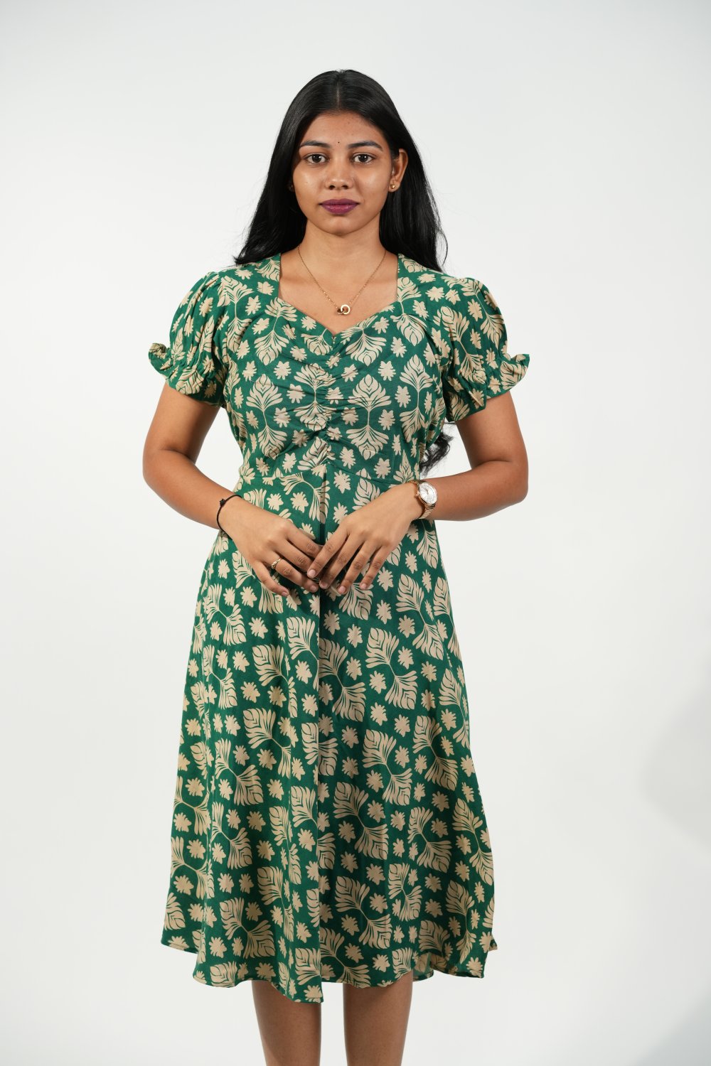 Aline Ruched Puff-Sleeve Dress (Green-Cream Floral)