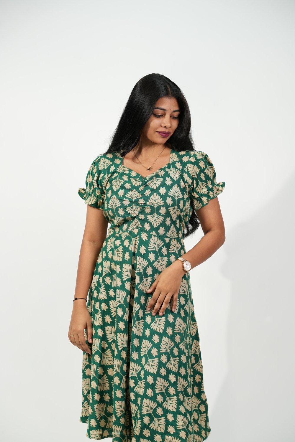 Aline Ruched Puff-Sleeve Dress (Green-Cream Floral)