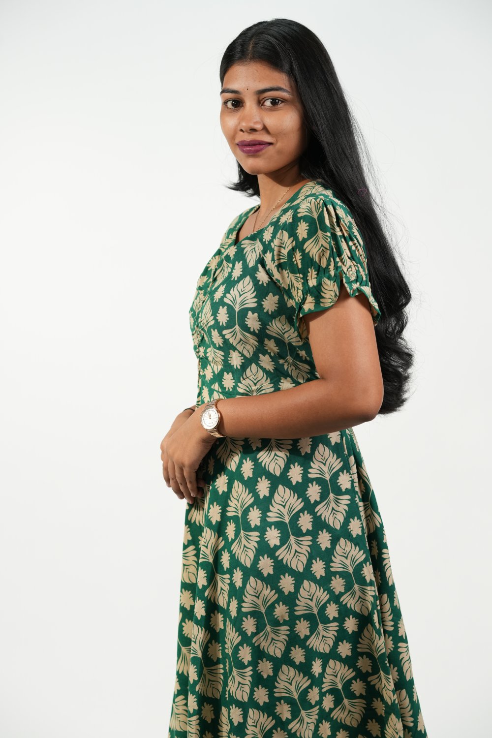 Aline Ruched Puff-Sleeve Dress (Green-Cream Floral)