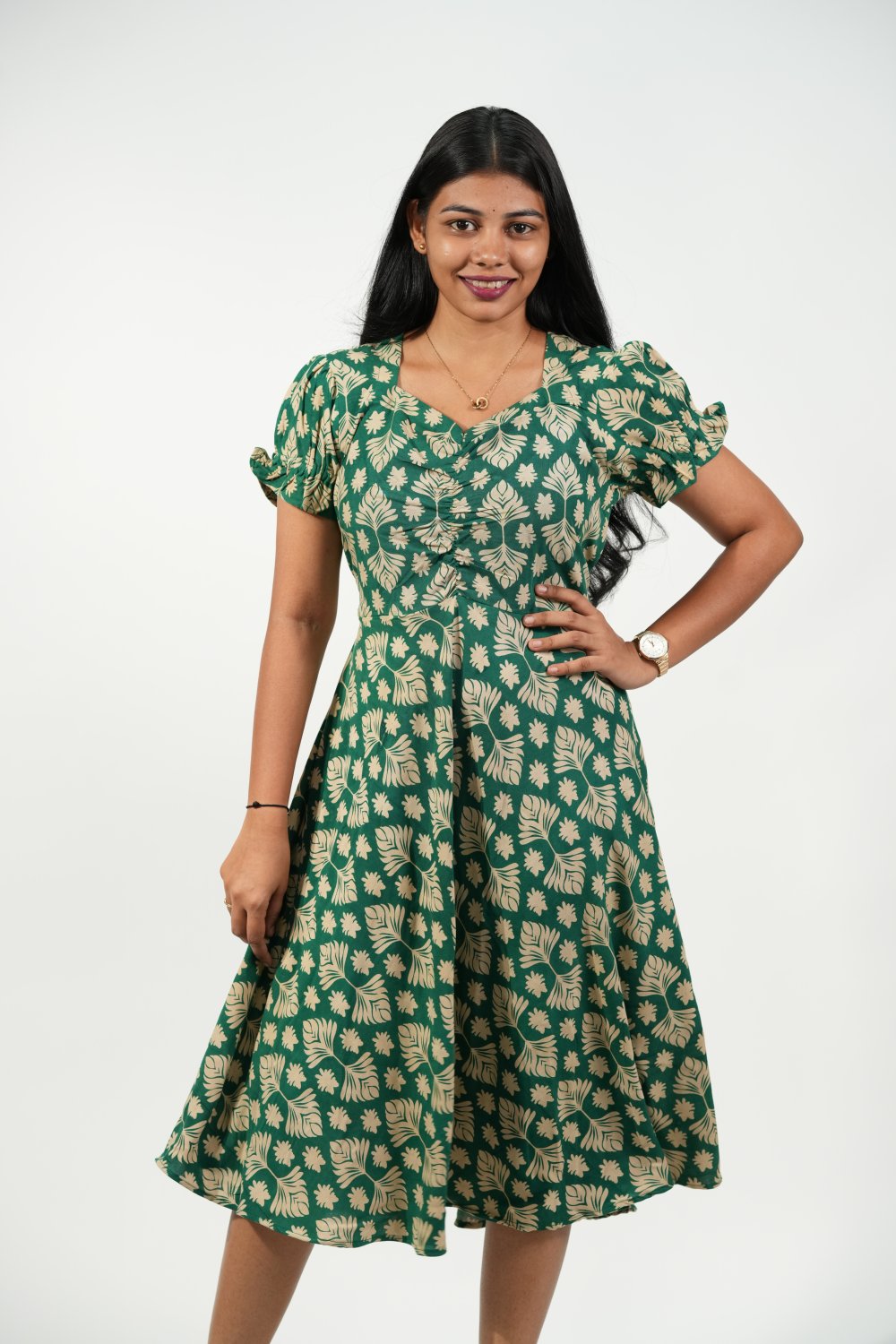 Aline Ruched Puff-Sleeve Dress (Green-Cream Floral)