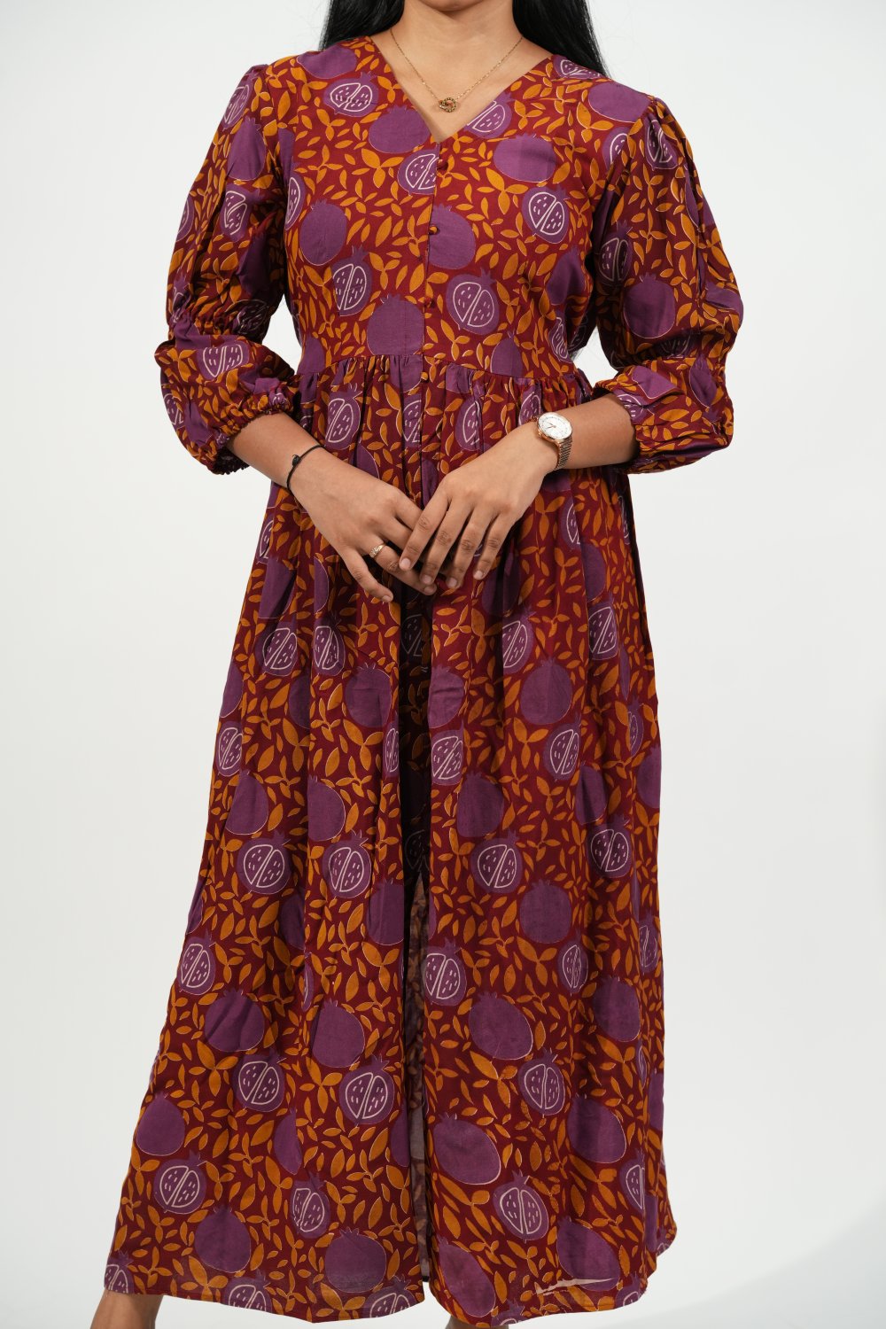 V-Neck Front-Slit Aline Dress (Rich Maroon Pomegranate)