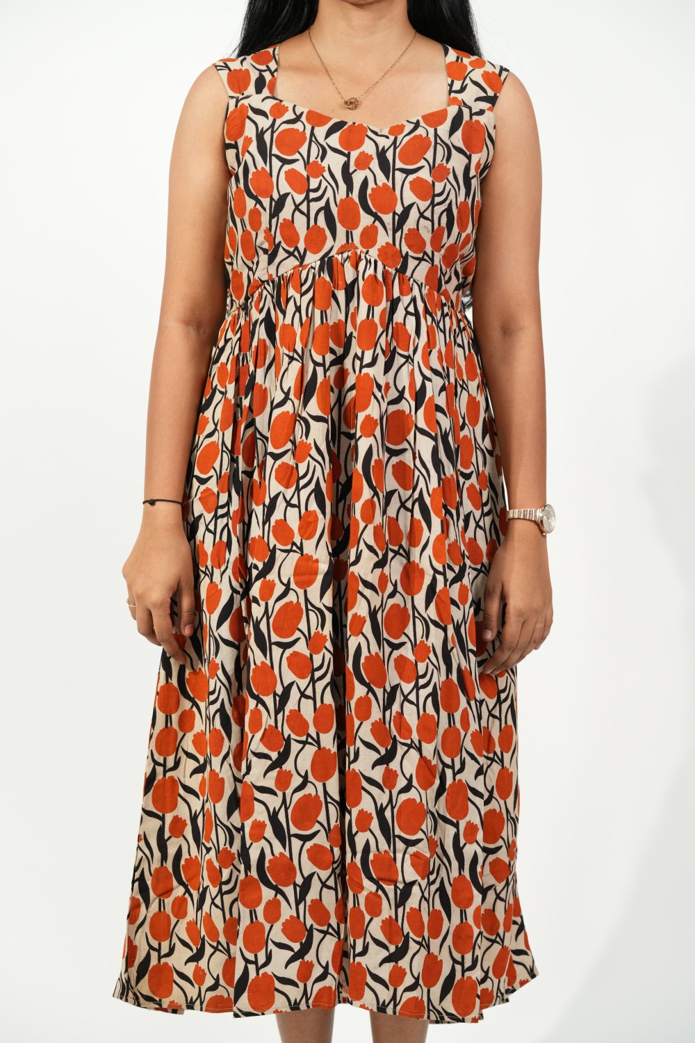 Caphands Alia-Cut Dress (Cream - Orange Floral)
