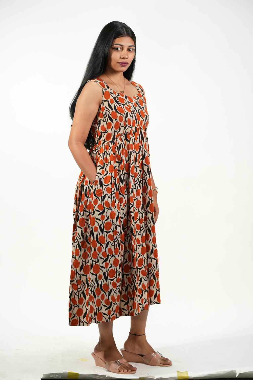 Caphands Alia-Cut Dress (Cream - Orange Floral)