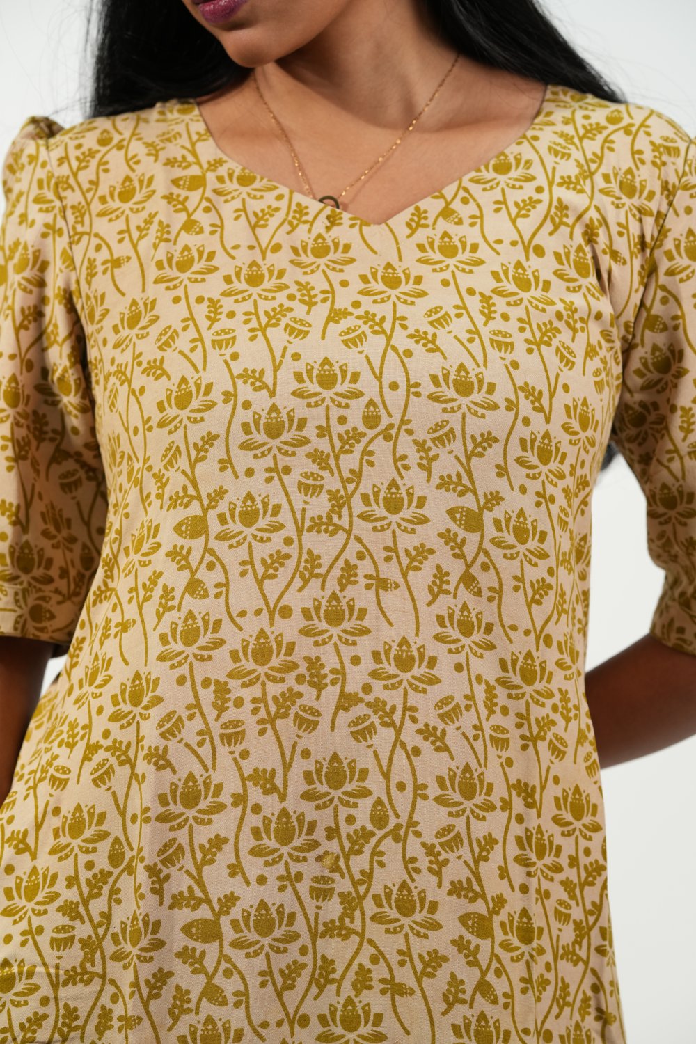 Hem-Tiered Aline Dress (Cream - Golden Lotus)